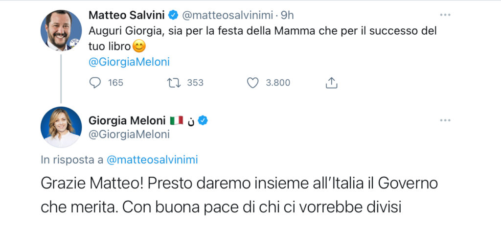 salvini meloni e il tweet della pace